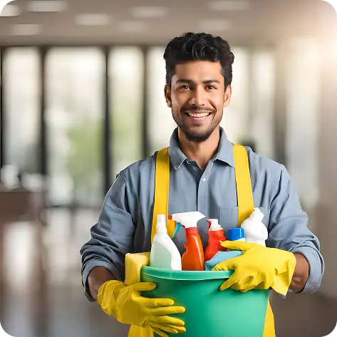 man holding bucket with yellow rubber glove it 1